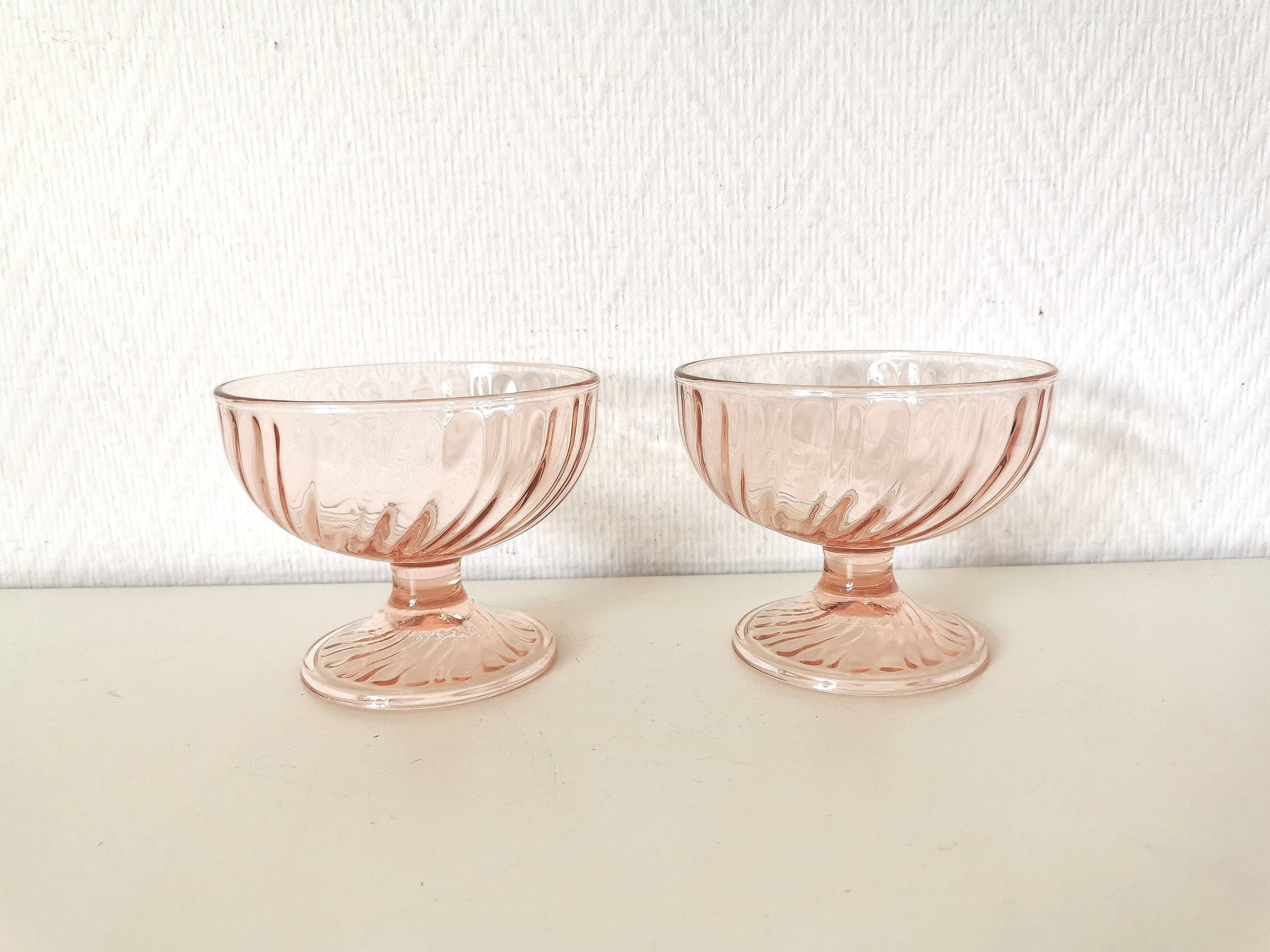 Pair of pink rosaline swirl glass fruit bowls