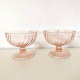 Pair of pink rosaline swirl glass fruit bowls
