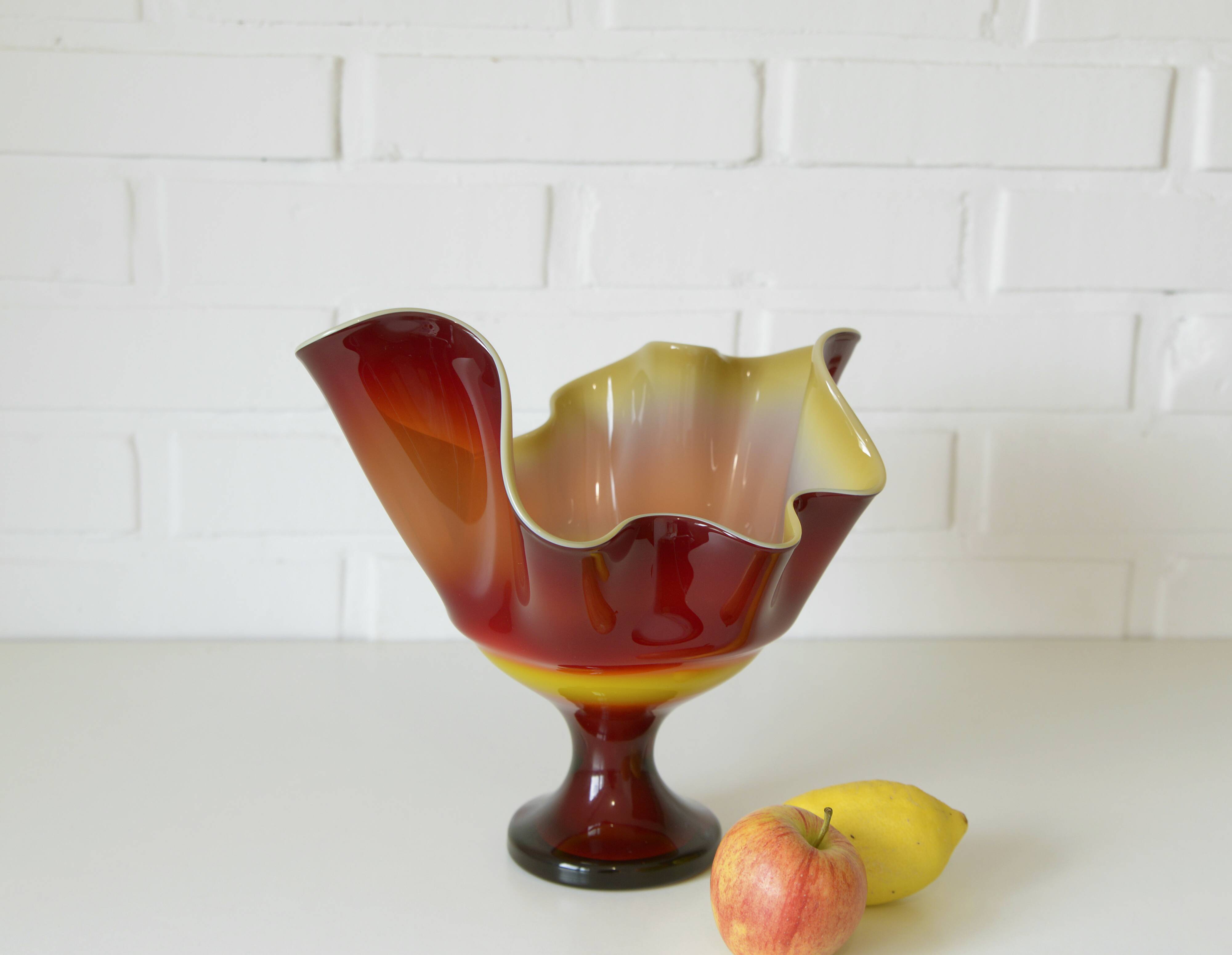 Vintage Swung Vase  Fruit Bowl Retro Red Blown Glass  Handmade Table Decor