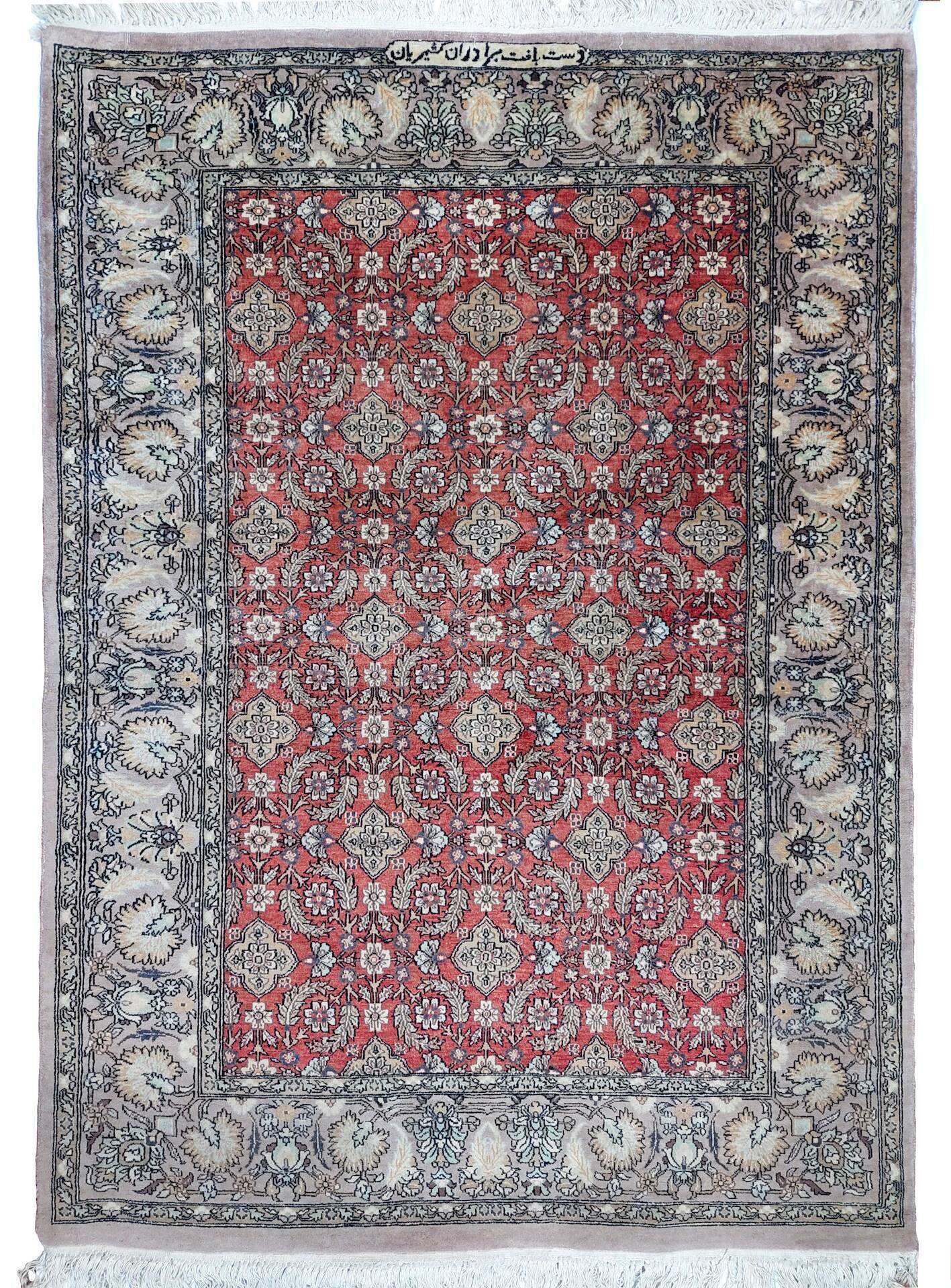 Hand-knotted wool and silk rug Kashmir India 1950