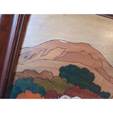 Wooden table, varnished painting signed Clavere.