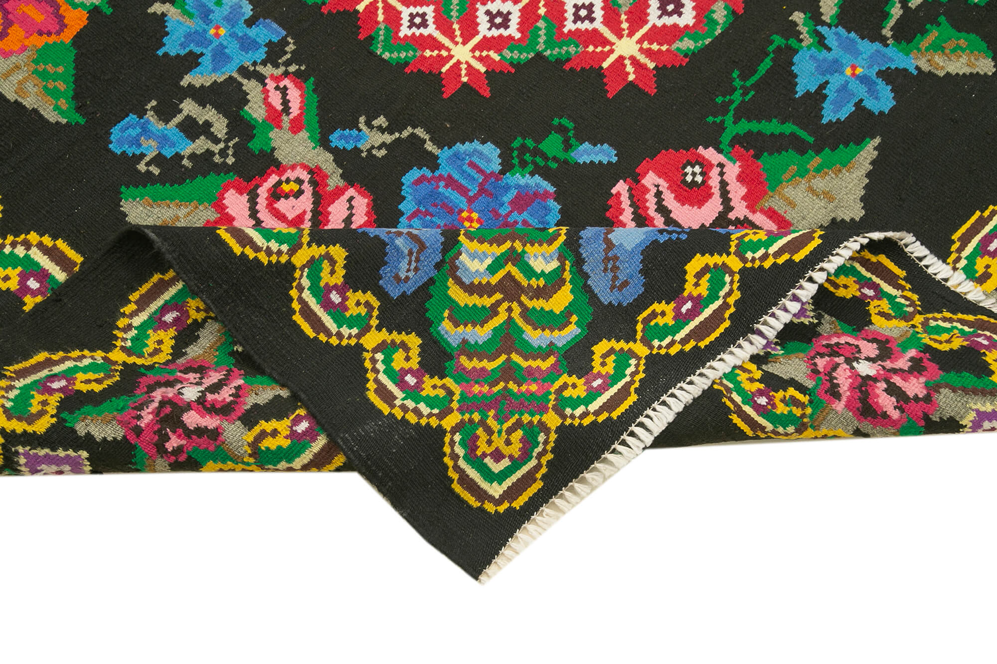 Handwoven Vintage Flatweave Black Kilim 216 cm