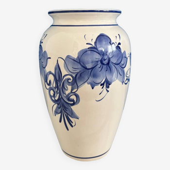 Vase vintage ceramique blanc et bleu motif floral