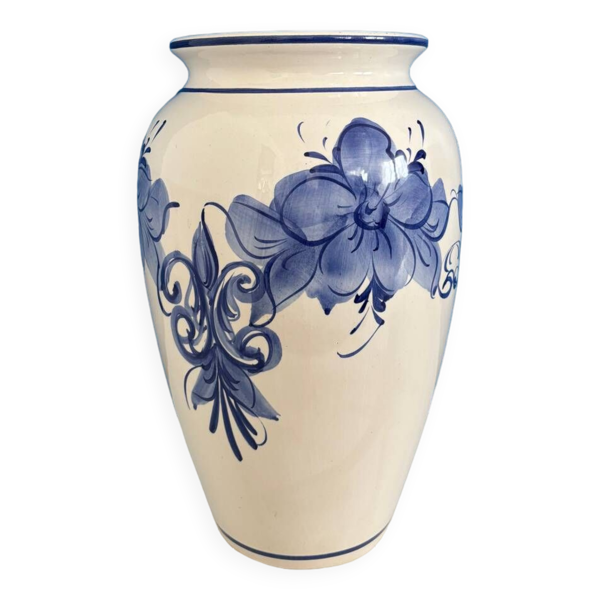 Vase vintage ceramique blanc et bleu motif floral