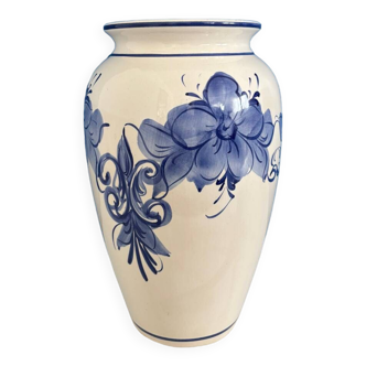 Vase vintage ceramique blanc et bleu motif floral