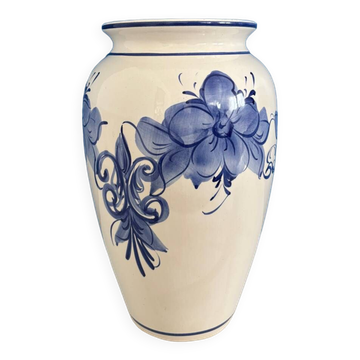Vase vintage ceramique blanc et bleu motif floral