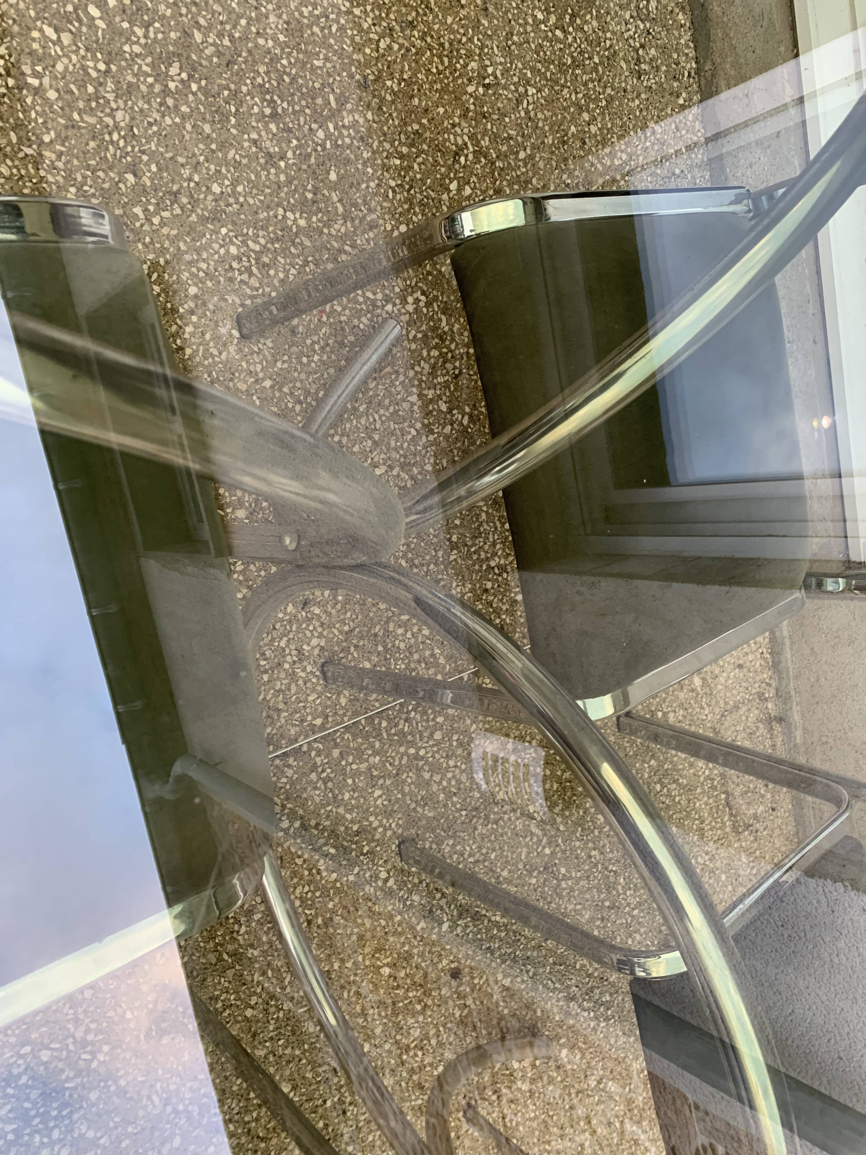 Vintage table, glass top, chrome base + 4 chairs