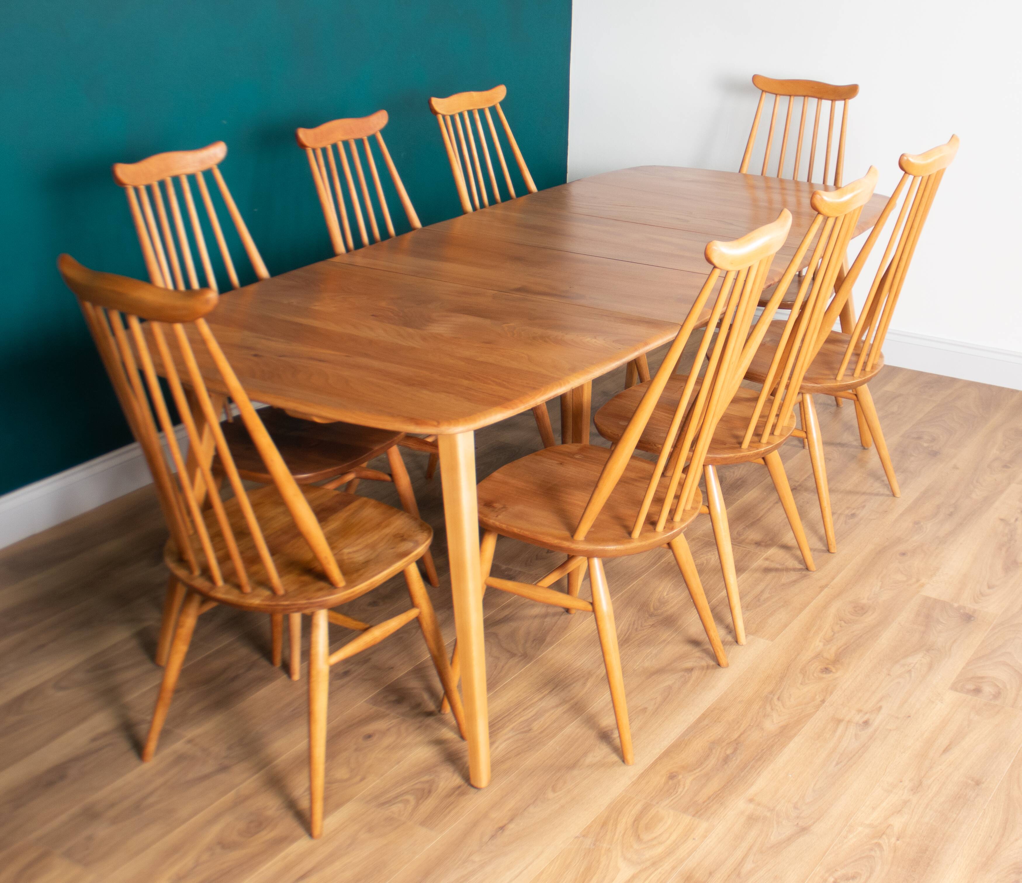 Table de salle à manger rétro en orme blond modèle 444, grande planche et 8 chaises de salle à manger d'orfèvre