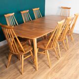 Retro Blonde Elm Model 444 Grand Plank Dining Table & 8 Goldsmith Dining Chairs