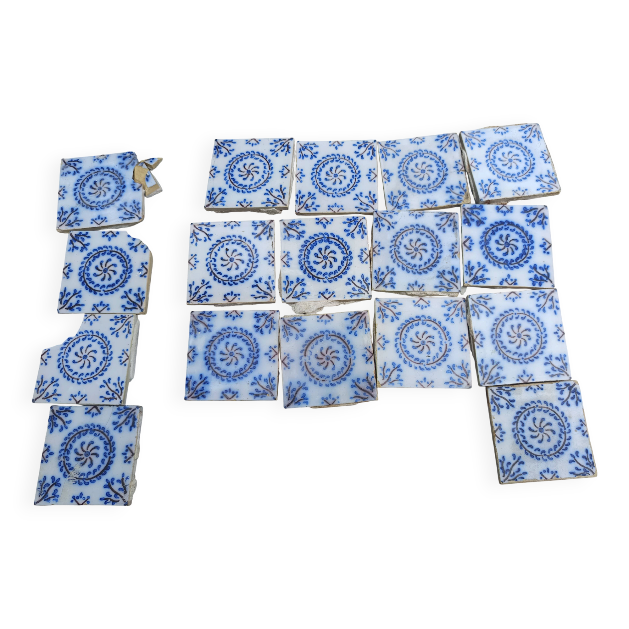 17 old tiles from Desvres Fourmaintraux-Courquin – 11 × 11 cm 19th century