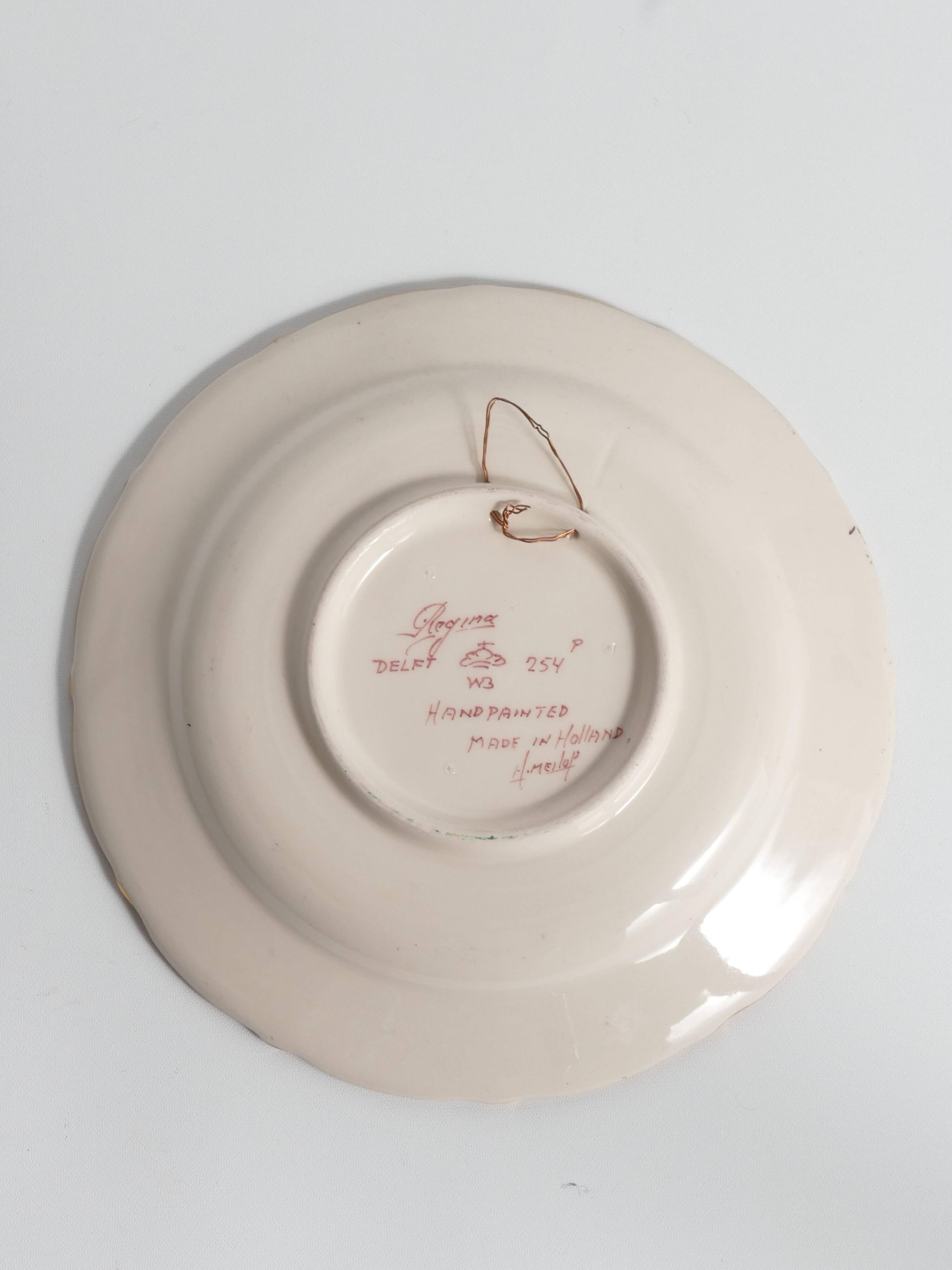 Regina Gouda Delft Hand-Painted Plate Red Peacock & Floral Motif Holland, 1950s
