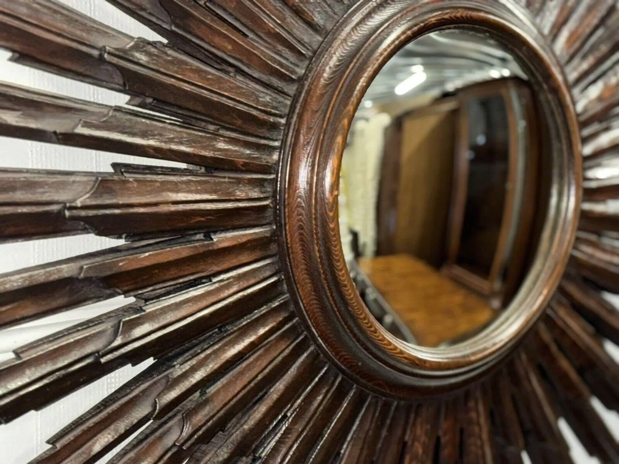 Vintage Brown Wood Convex Wall Mirror Sunburst, Spain, 1940