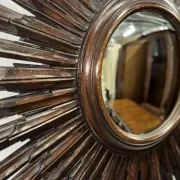 Vintage Brown Wood Convex Wall Mirror Sunburst, Spain, 1940