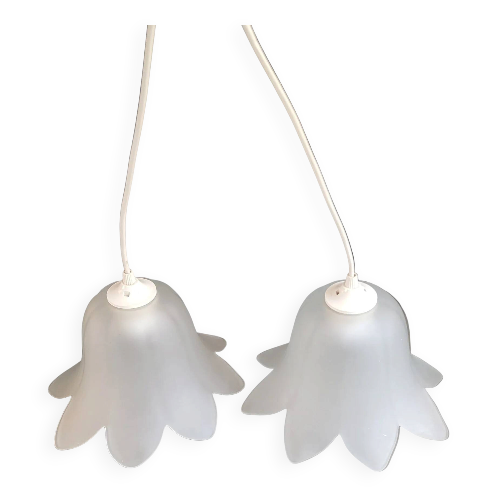 Pair of frosted glass flower pendant lights