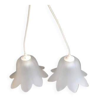 Pair of frosted glass flower pendant lights