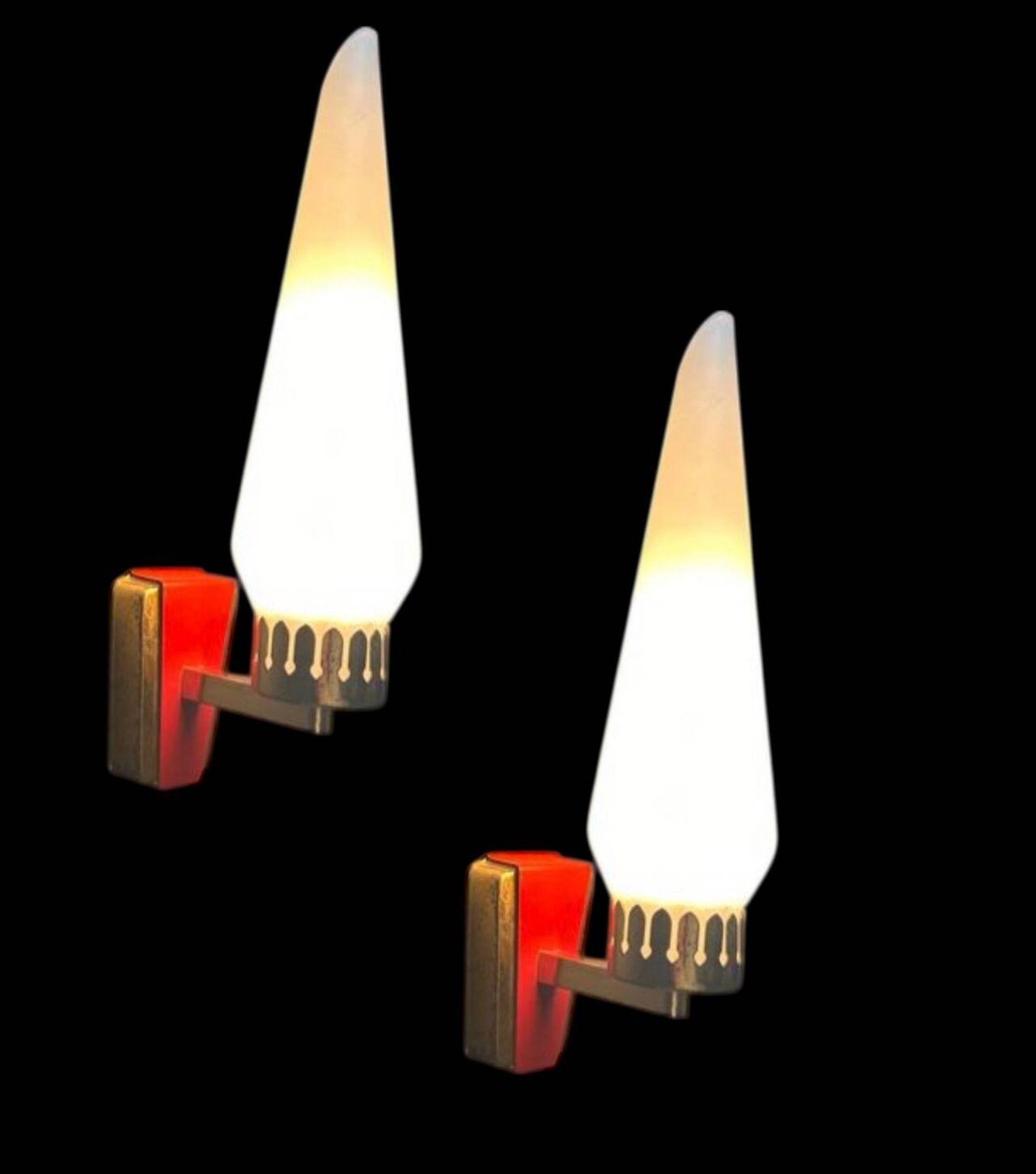 Stil Novo Opaline Glass and Brass Sconces, 1950s, Italy - Set of 2