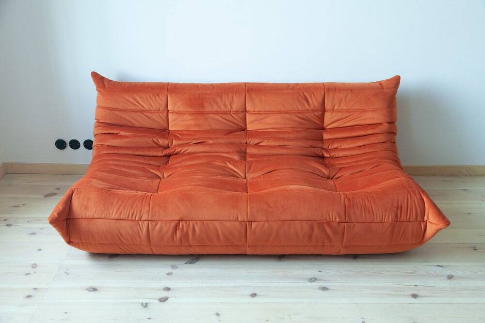 Amber orange velvet Togo 3-seater sofa by Michel Ducaroy for Ligne Roset, 1973