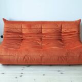Amber orange velvet Togo 3-seater sofa by Michel Ducaroy for Ligne Roset, 1973