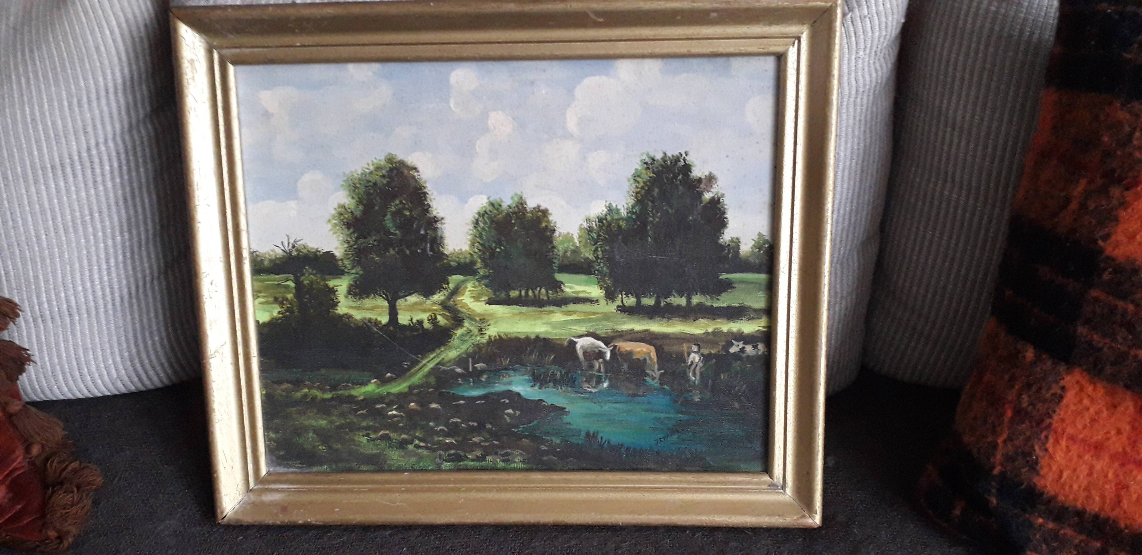 Antique oil painting depicting a countryside landscape