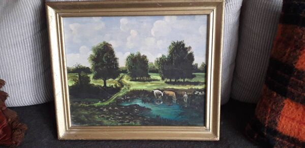 Tableau ancien à l'huile représentant un paysage de campagne