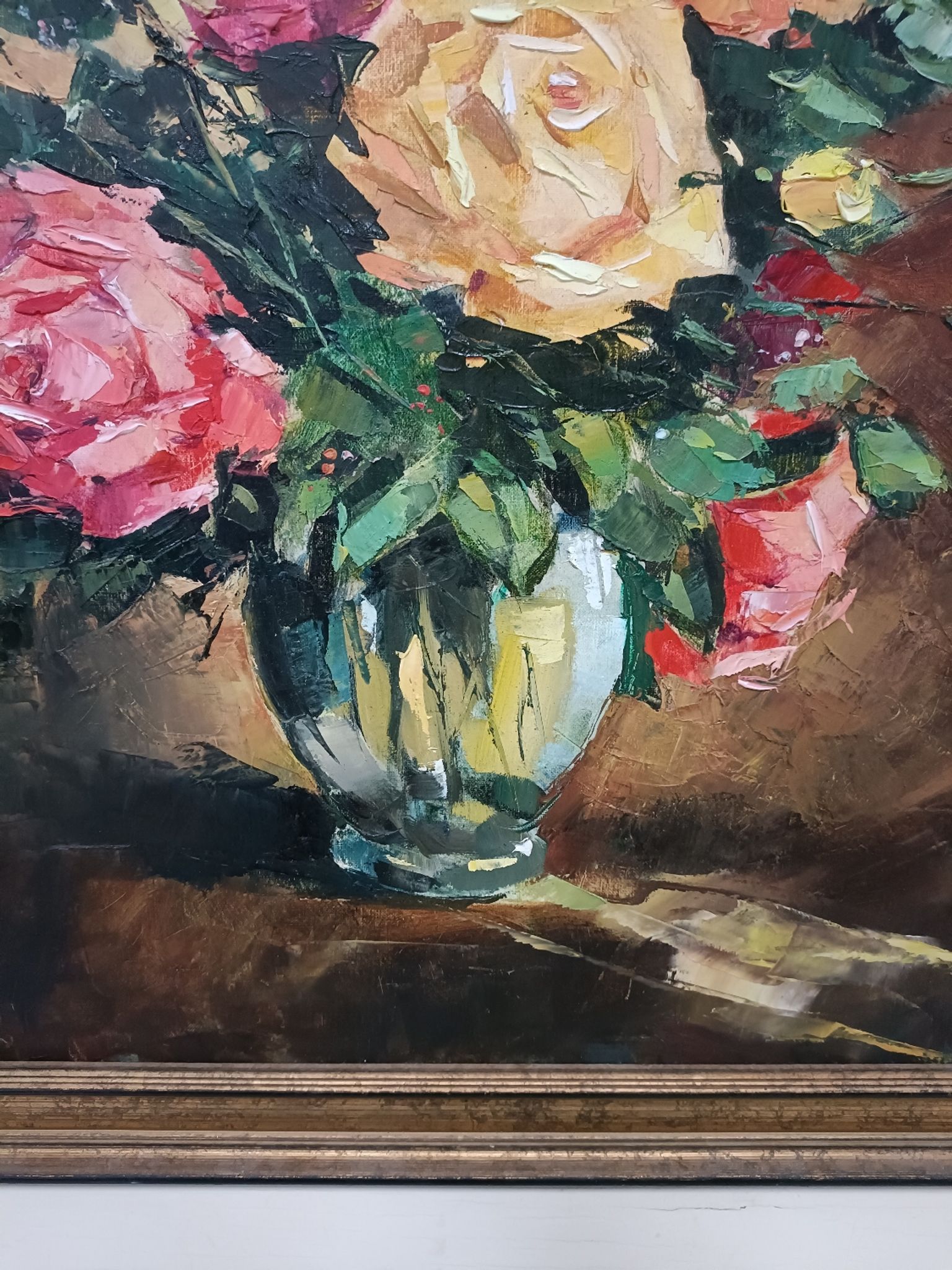 Painting on canvas with a knife, vase and cut flowers, Léon Gasser dit Mas
