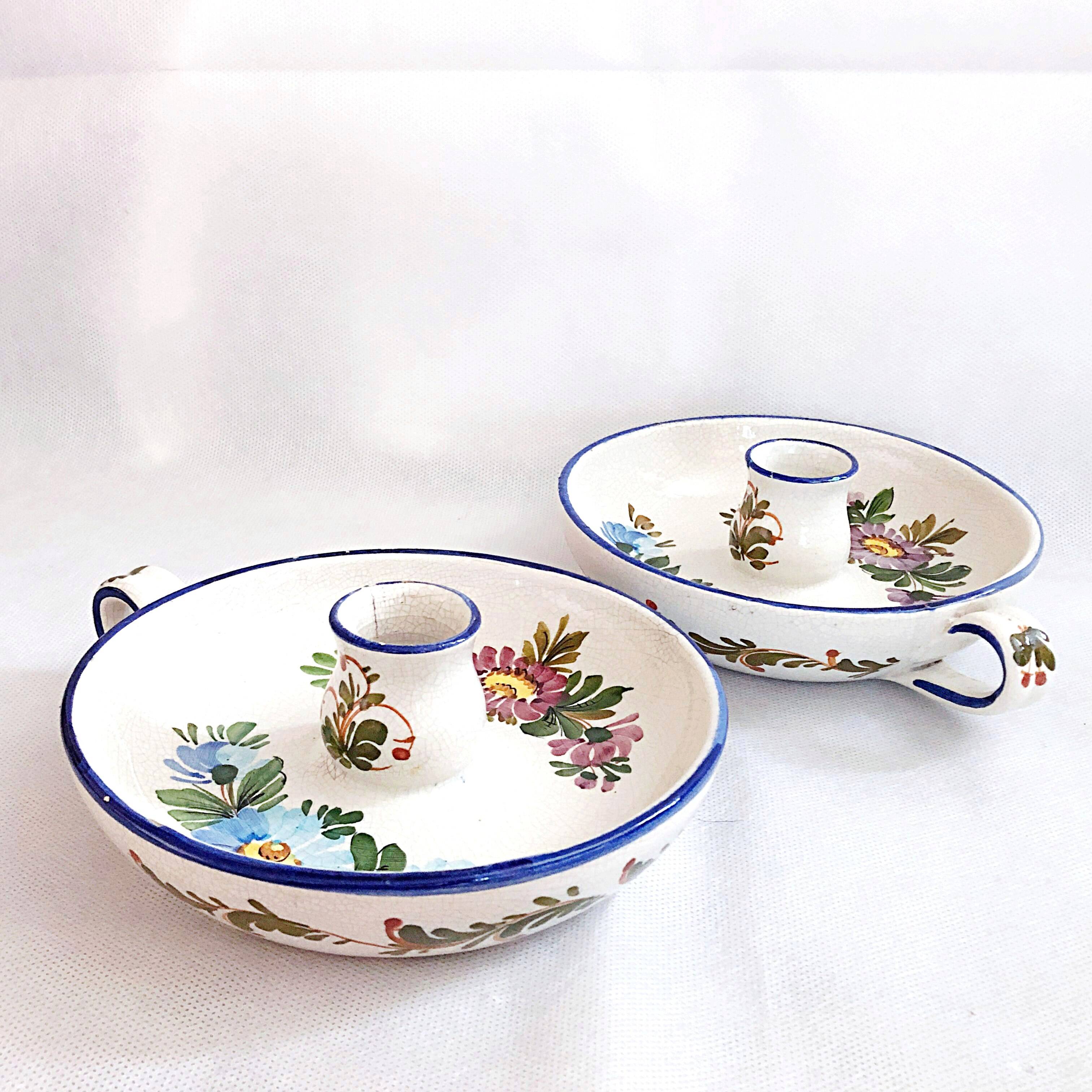 Pair of handmade cracked earthenware hand candlesticks signed Bassano Italy