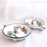 Pair of handmade cracked earthenware hand candlesticks signed Bassano Italy