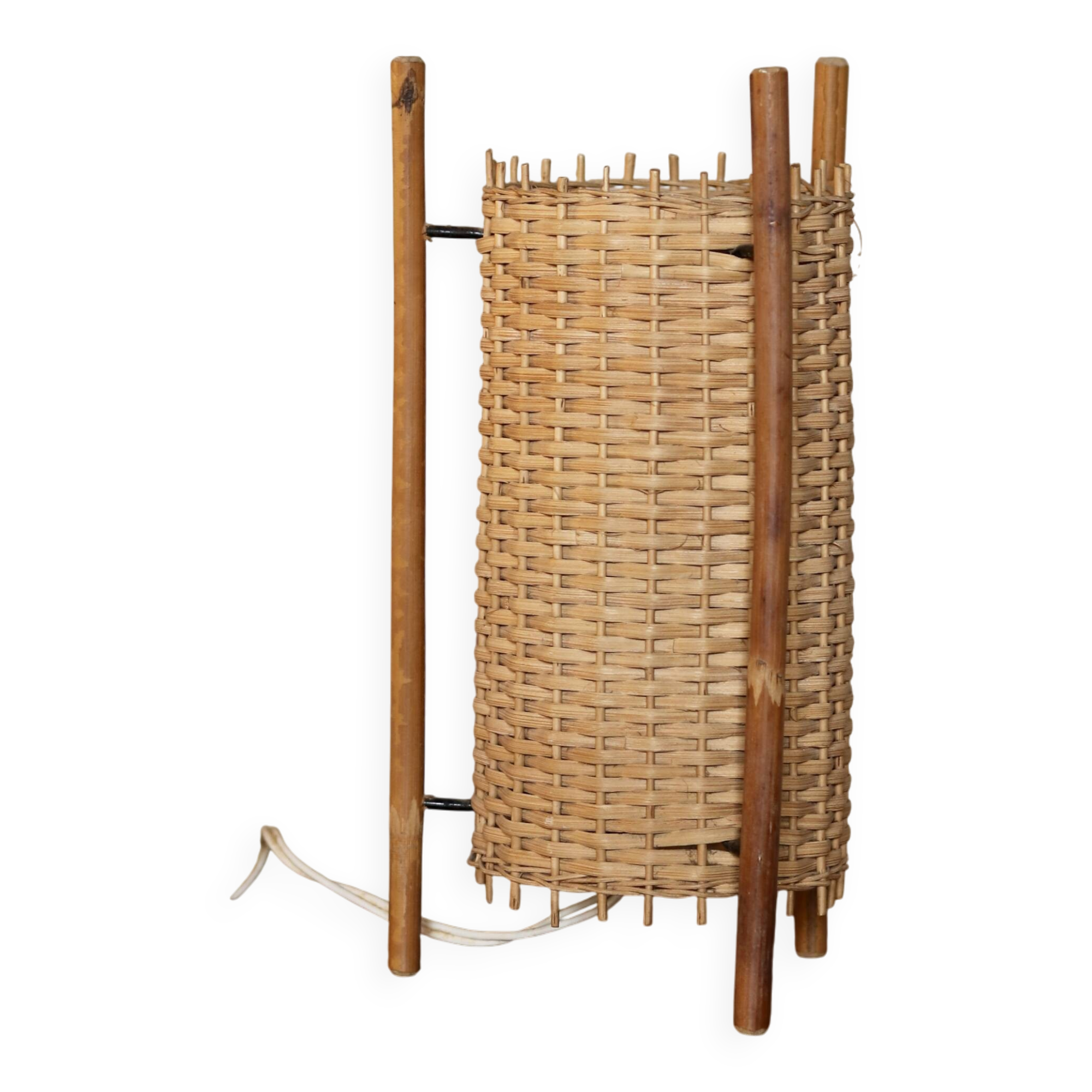 1960s woven rattan lamp, bamboo tripod structure. Superb l