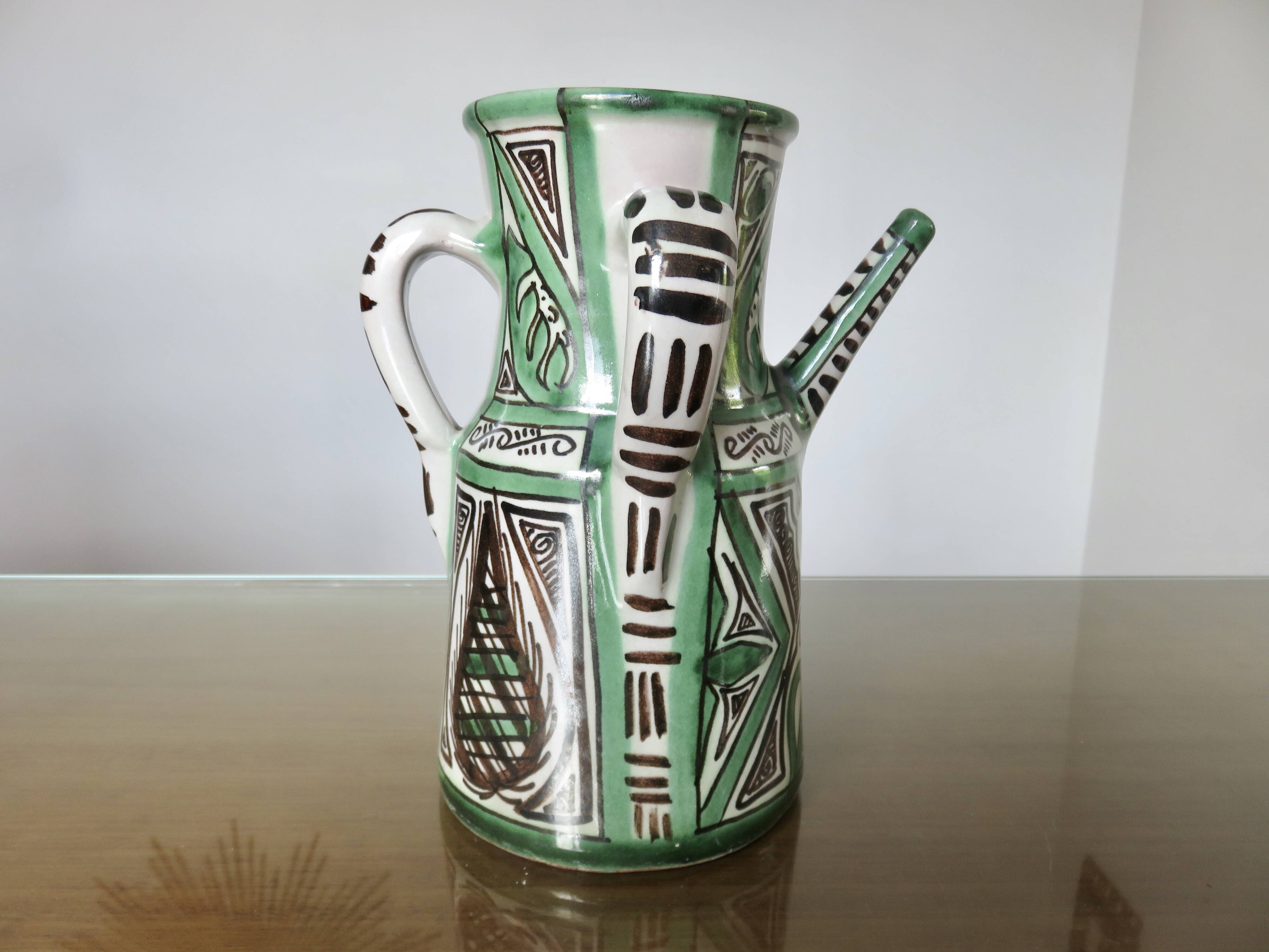 Domingo Punter, large pitcher with 3 handles, ceramic, signed, Spain 1960
