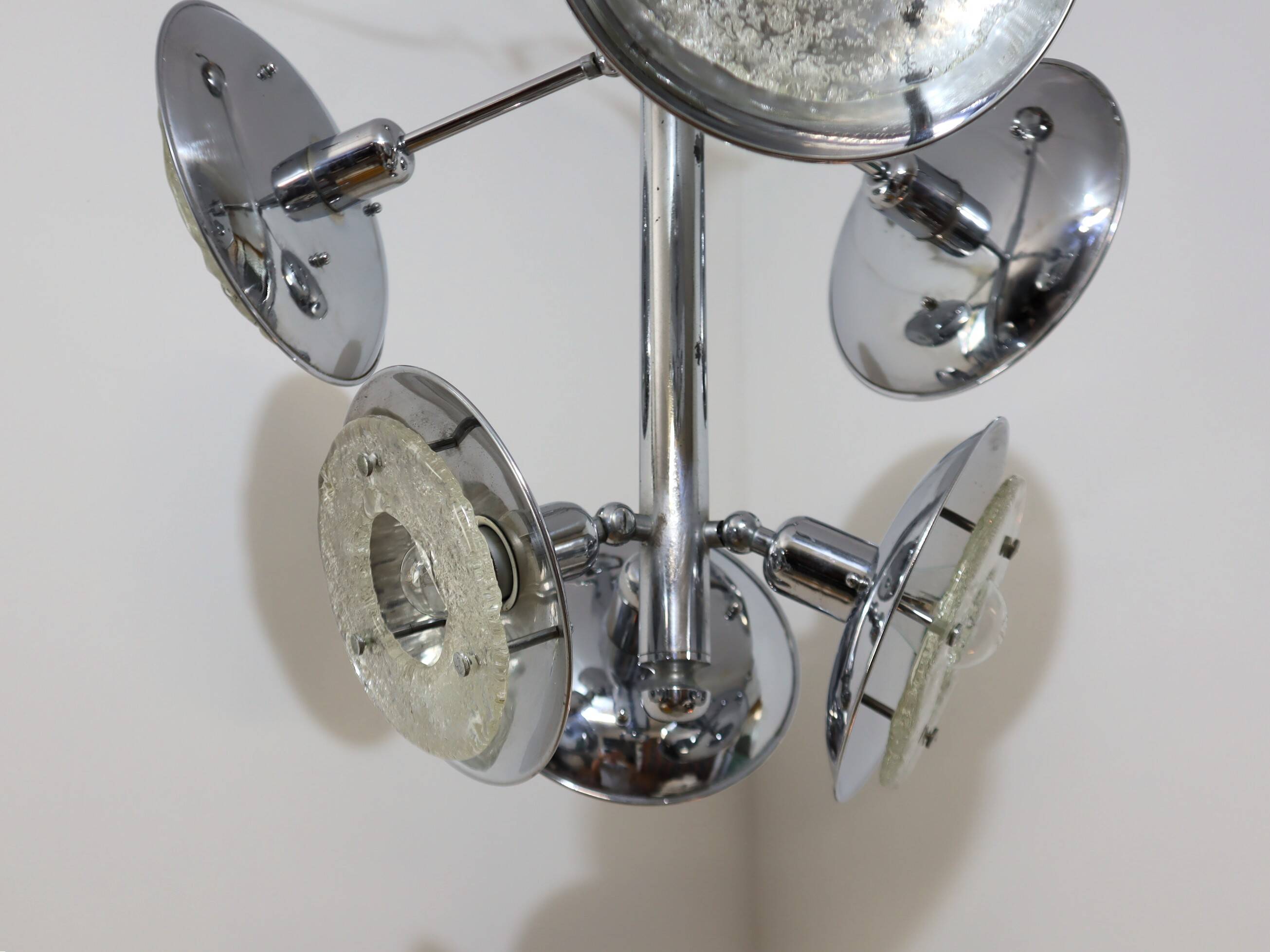Esperia chandelier 1970s, chrome and Murano glass, 6 arms adjustable