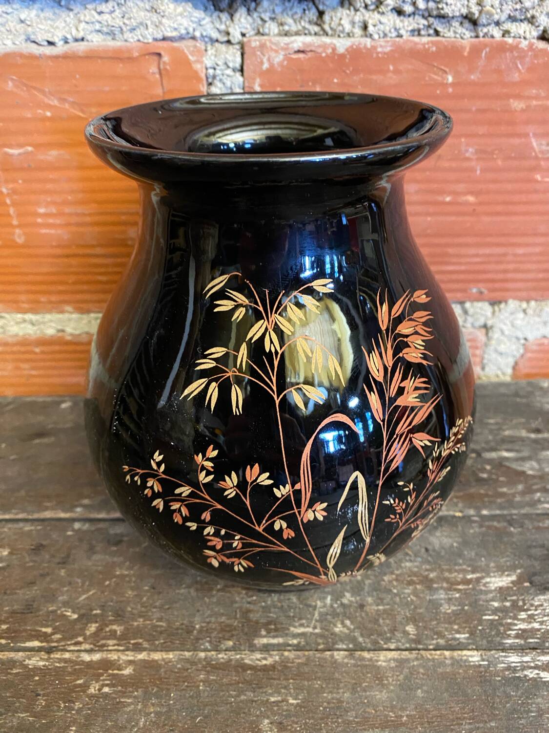 Antique st clement vase black ceramic painted decor vintage