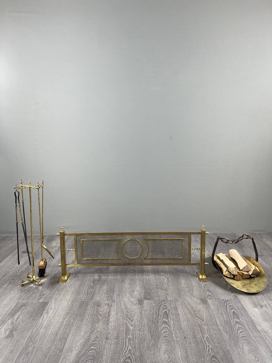 Brass fireplace set, Louis XVI style, fire screen, companion set and holder.