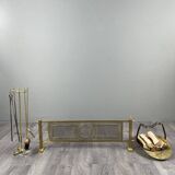 Brass fireplace set, Louis XVI style, fire screen, companion set and holder.