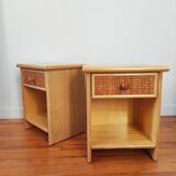 Pair of vintage bedside tables in wood and rattan.