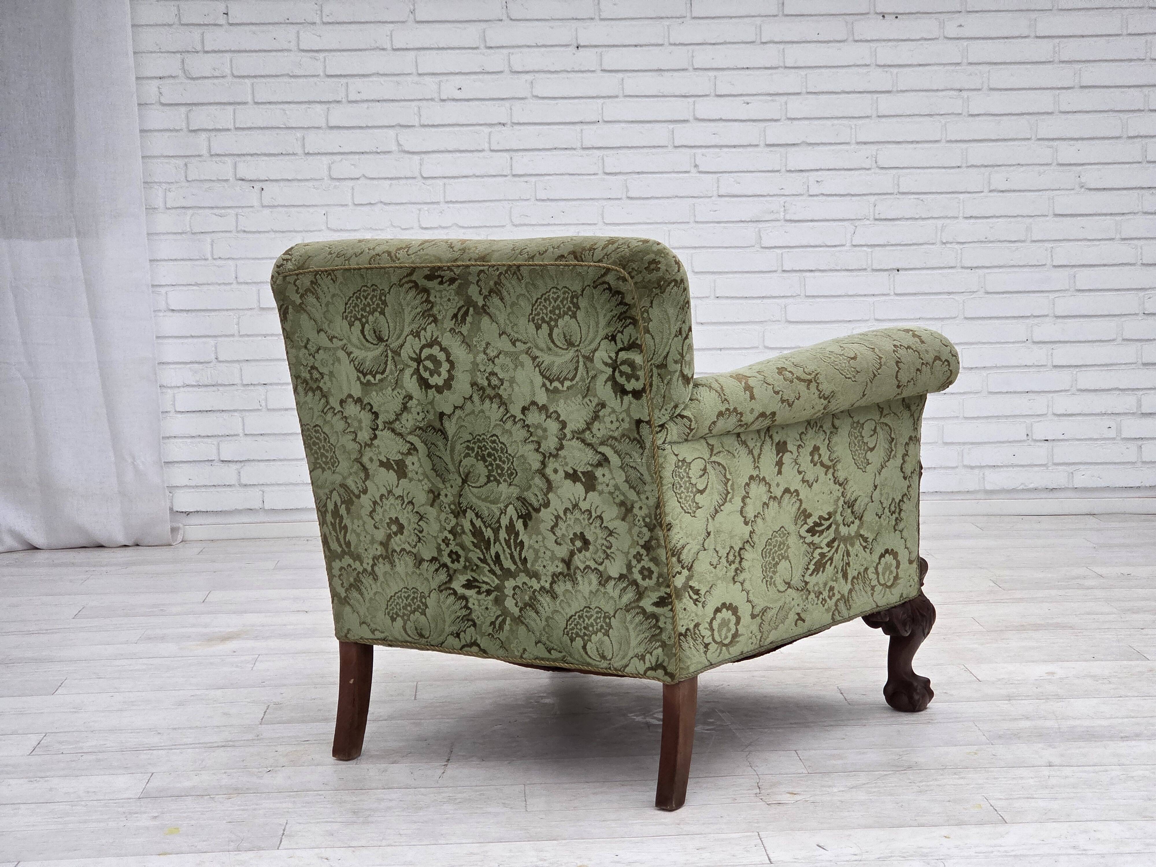 1950s, Danish armchair, green furniture velour, carved oak wood.