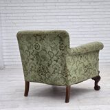1950s, Danish armchair, green furniture velour, carved oak wood.