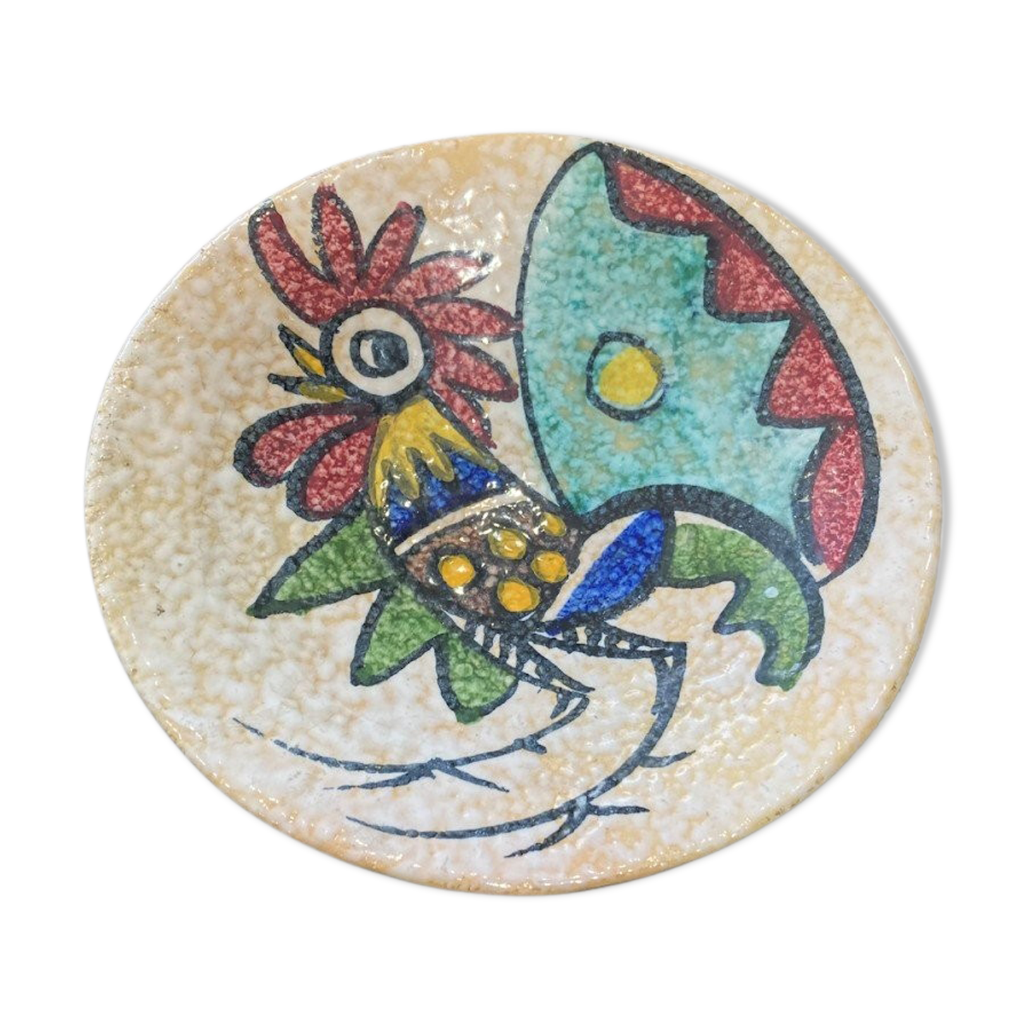 Plate polychrome rooster decoration toledo 1950s
