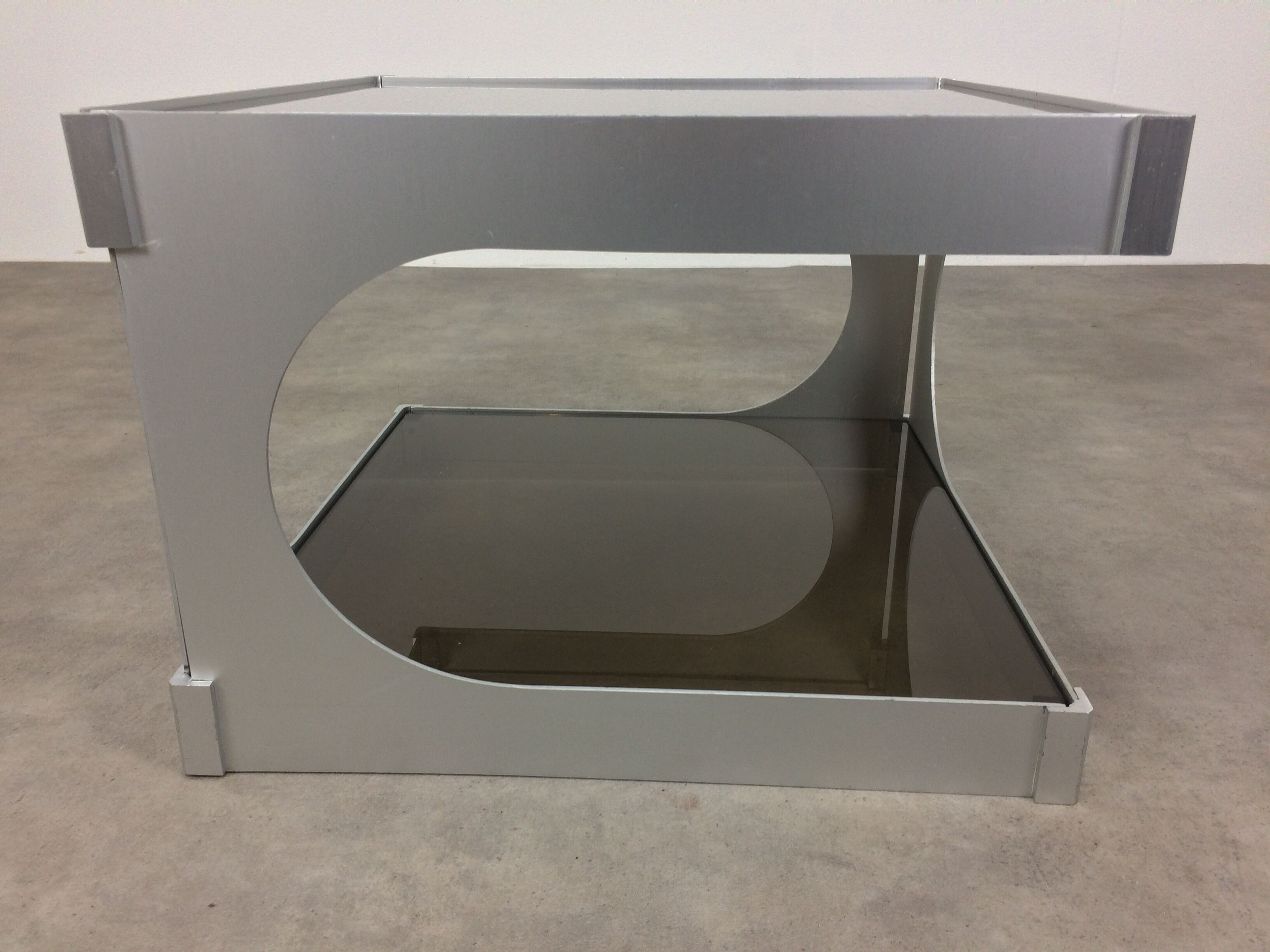 Side table space age aluminum smoked glass, end of sofa 1970