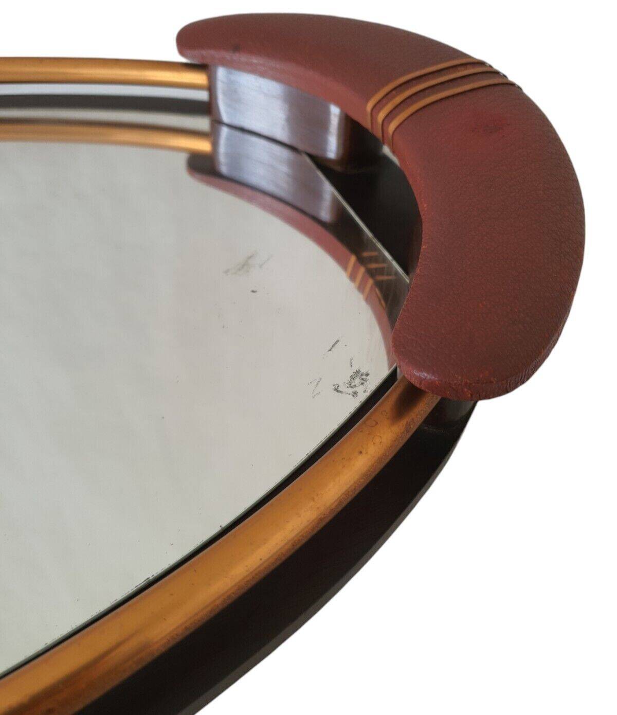 Old Superb Art Deco Style Tray Mirror Handle In Leather Or Faux Vintage