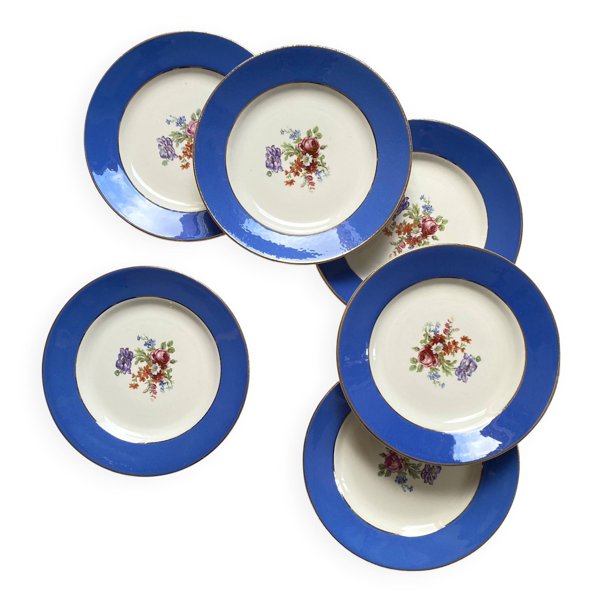6 assiettes dessert faïence ancienne bleue fleurs dorure Saint Amand