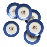 6 assiettes dessert faïence ancienne bleue fleurs dorure Saint Amand