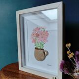 Tableau en relief bouquet de fleurs roses à l'aquarelle dans un mug en argile fait main