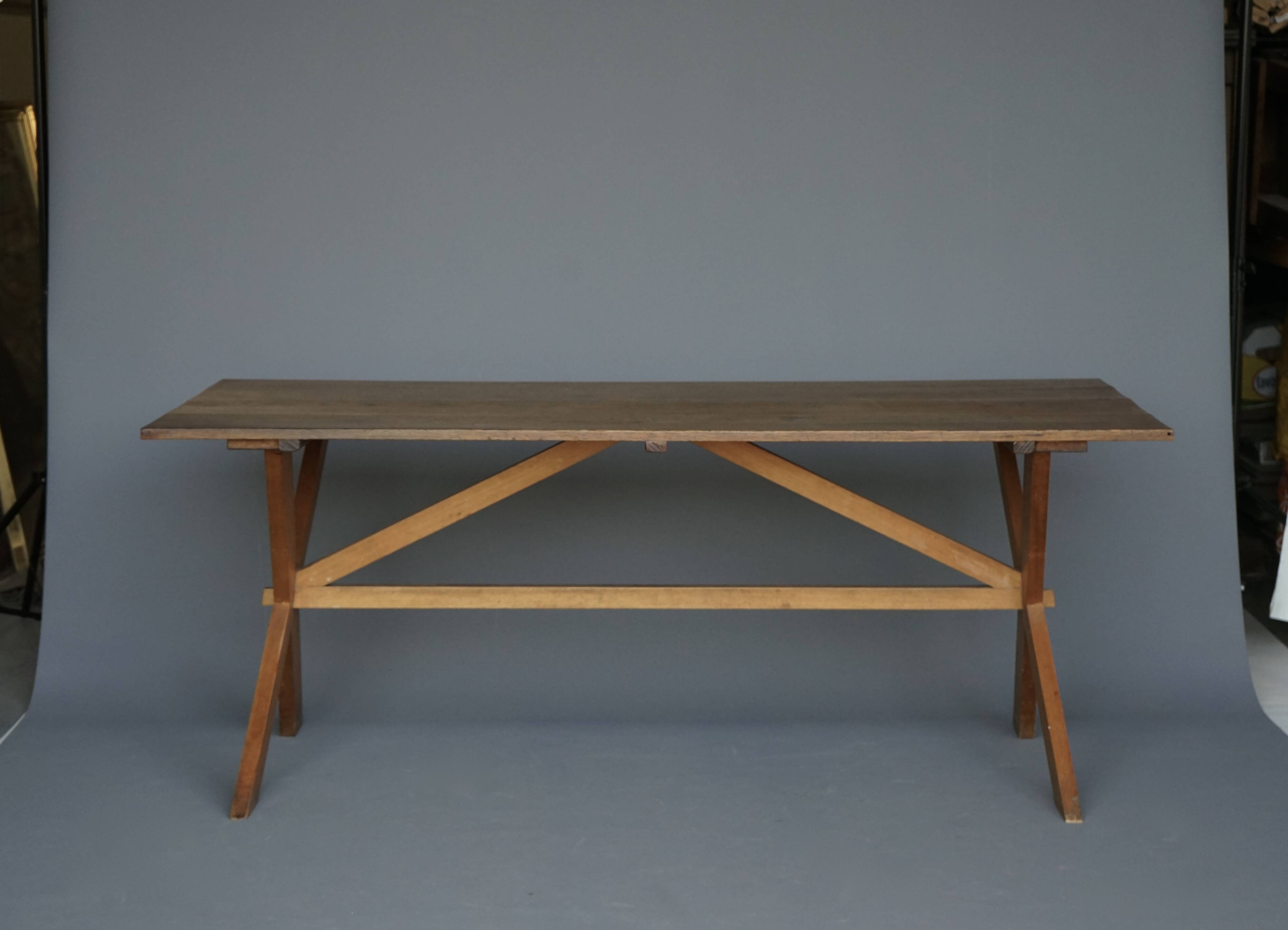 Rustic wooden Farmhouse X-frame Dining Table. 1940s