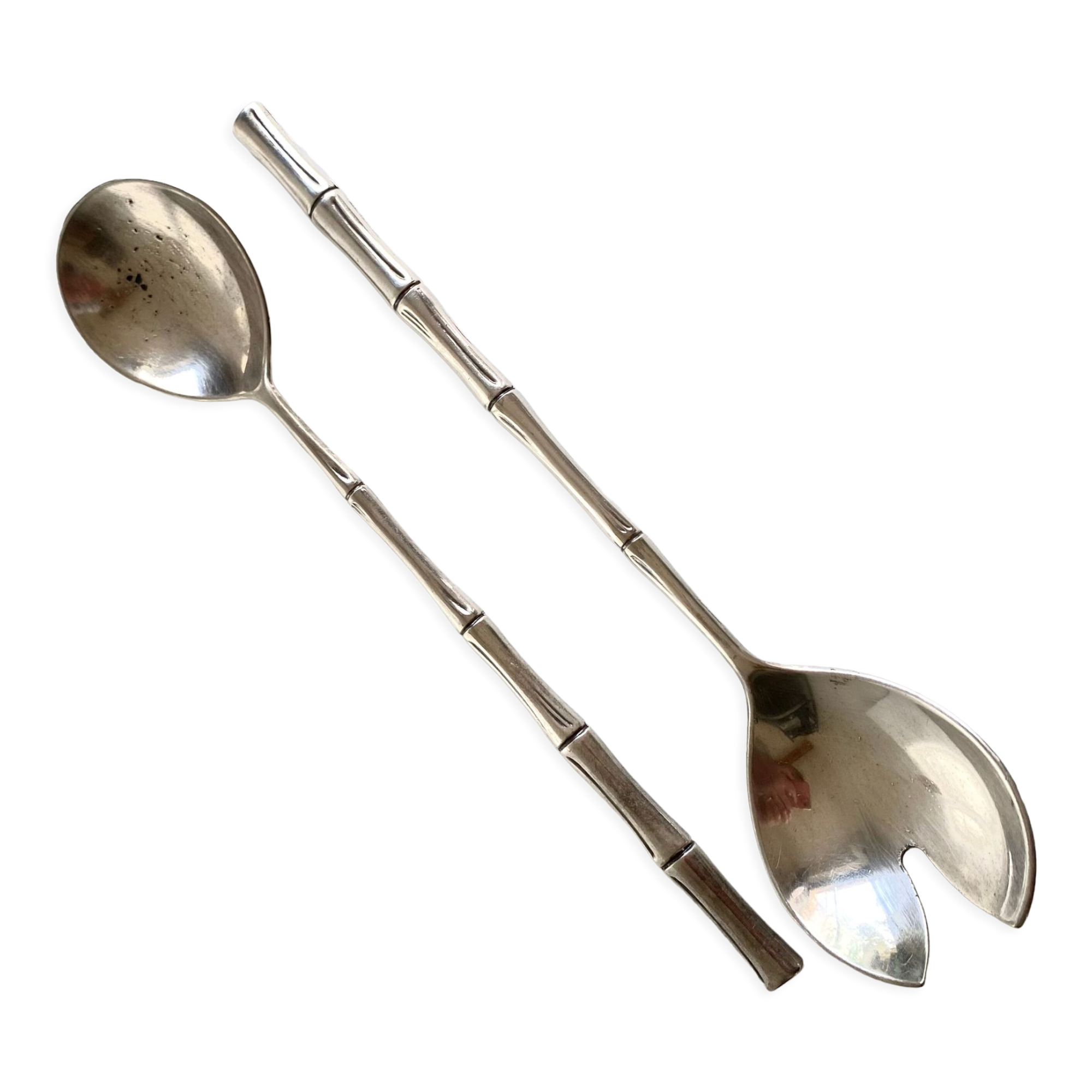 Silver metal service cutlery, bamboo model