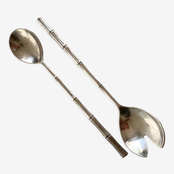 Silver metal service cutlery, bamboo model