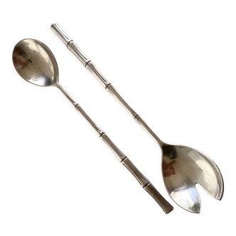Silver metal service cutlery, bamboo model