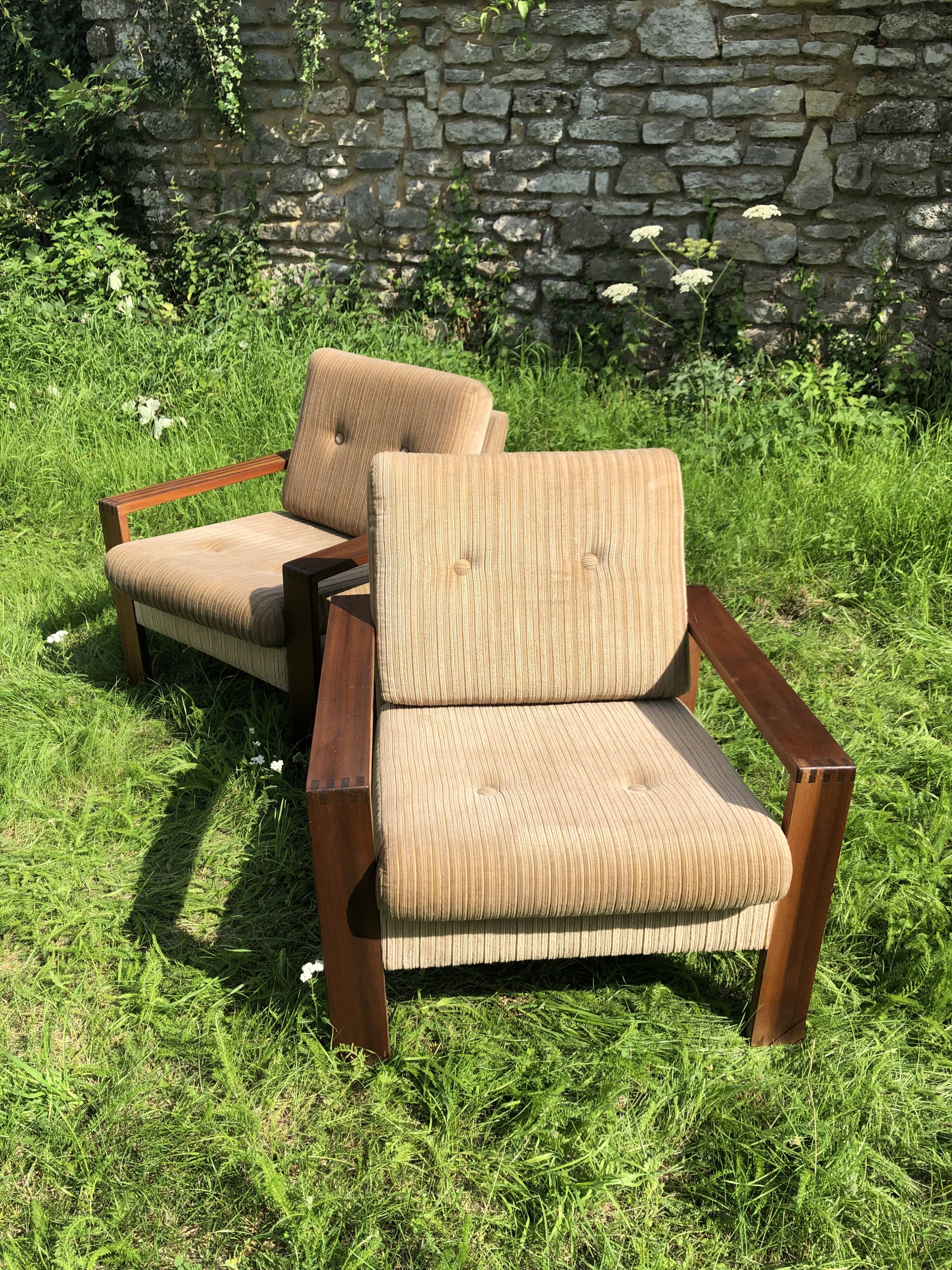 Pair of vintage beige velvet armchairs 60s