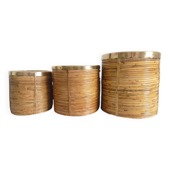 Mid-Century Organic Modern Medium Size Pencil Reed/Rattan Planter with Brass Rim