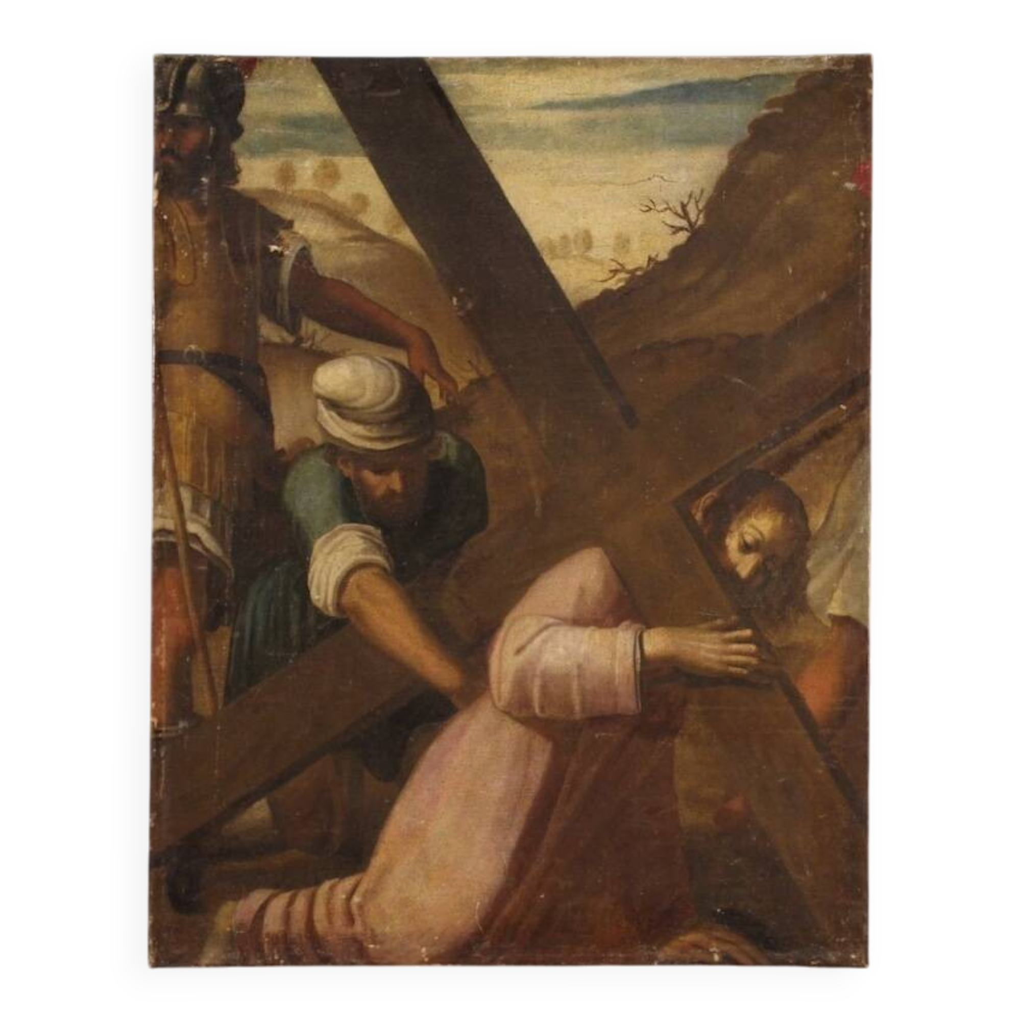 Antique Italian painting of the Way of the Cross, Ascent to Calvary