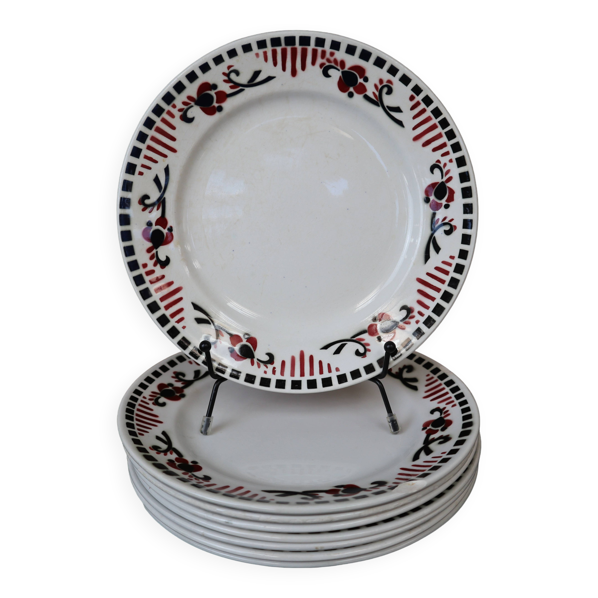 8 Terre de Fer dessert plates, “Damascus” model, Moulin des Loups and Hamage